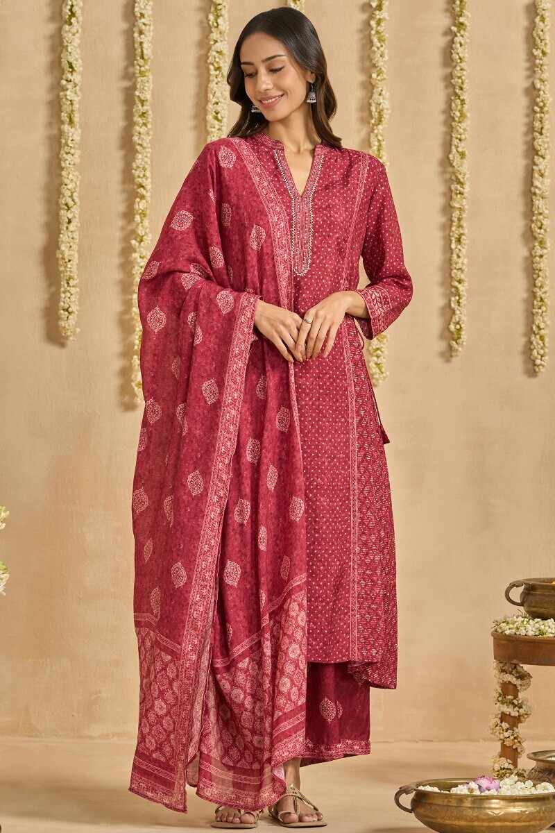 Maroon Printed A-Line Viscose Kurta