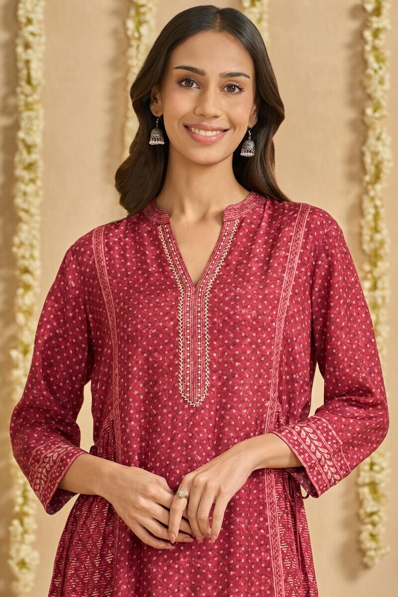 Maroon Printed A-Line Viscose Kurta