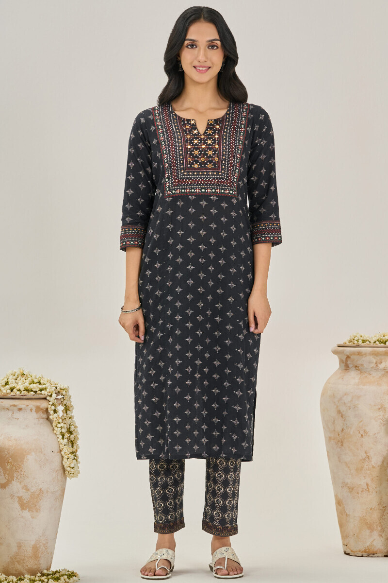 Black Printed Straight Cotton Kurta