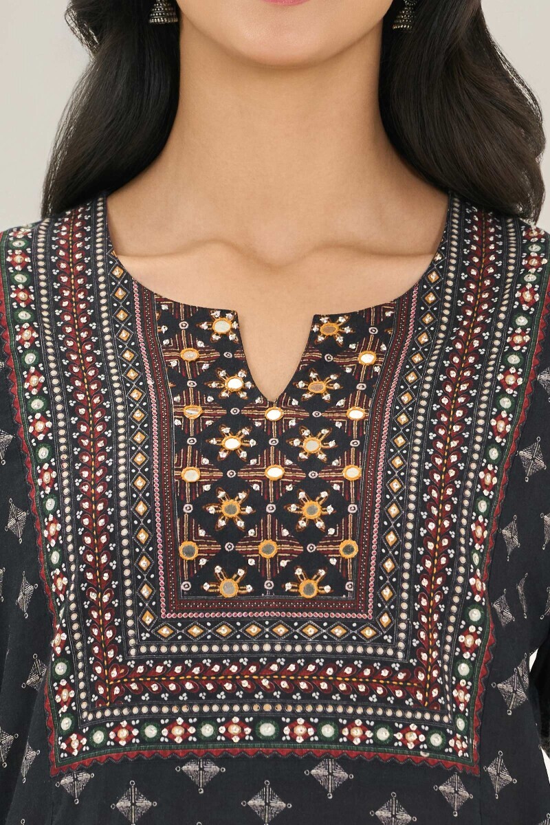 Black Printed Straight Cotton Kurta