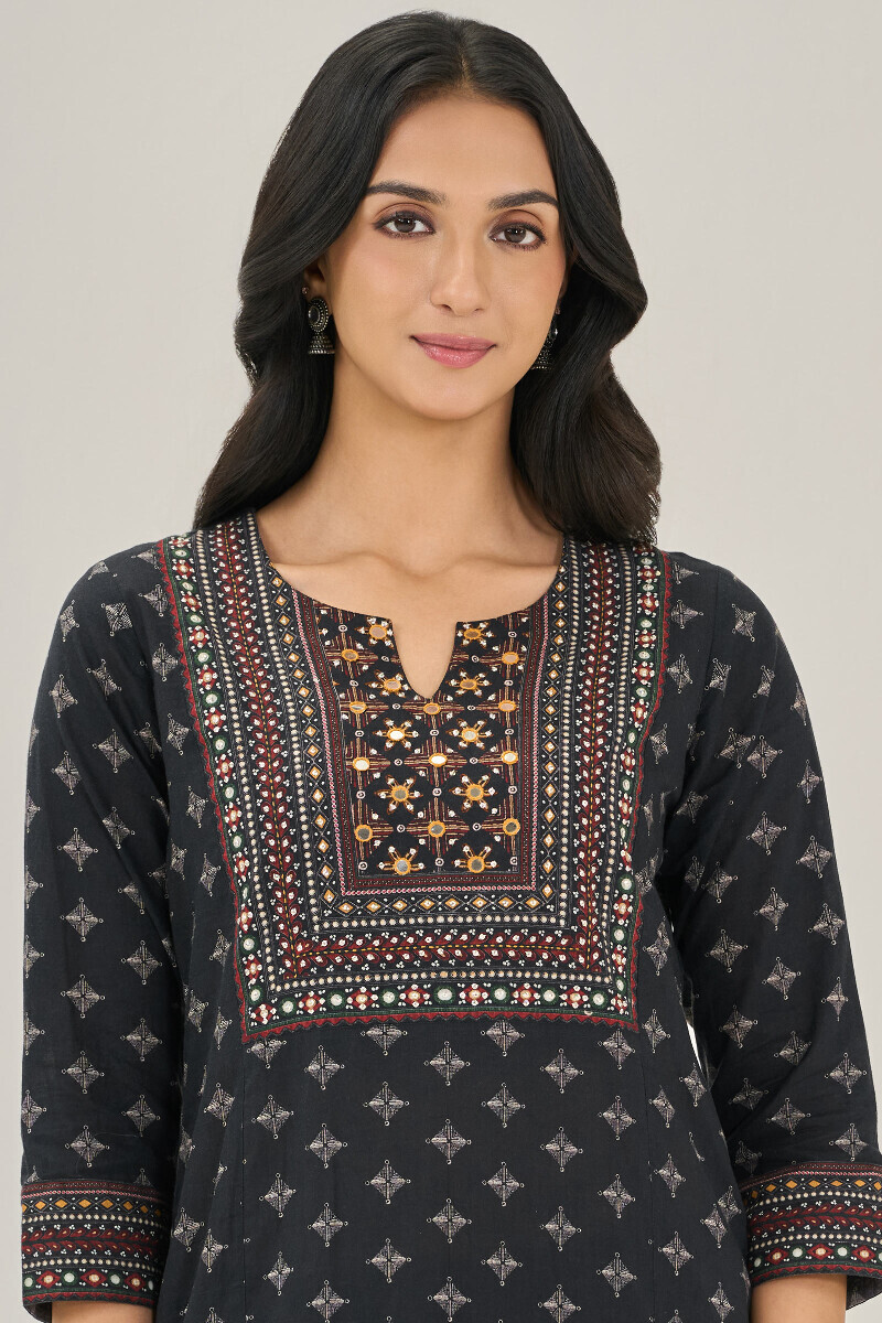 Black Printed Straight Cotton Kurta