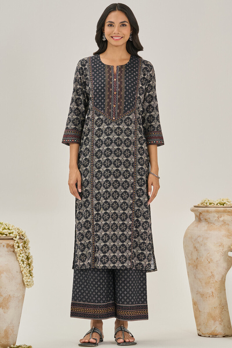 Black Printed Straight Cotton Kurta