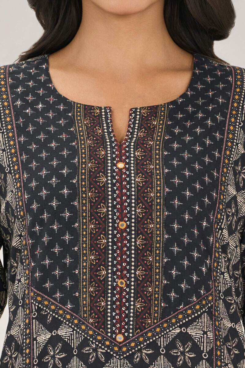 Black Printed Straight Cotton Kurta