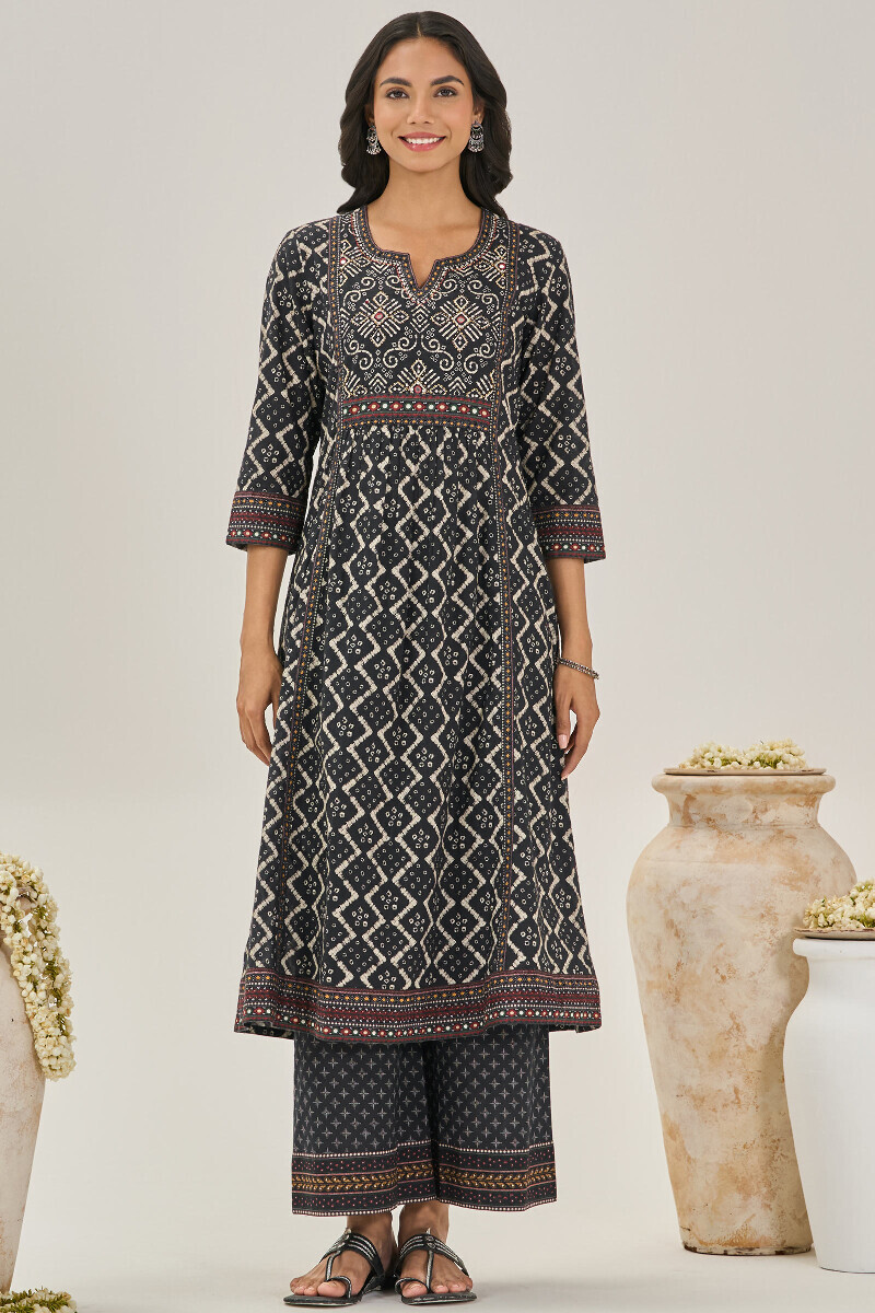 Black Printed A-Line Cotton Kurta