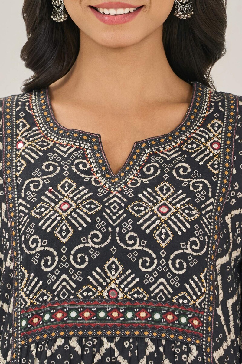Black Printed A-Line Cotton Kurta