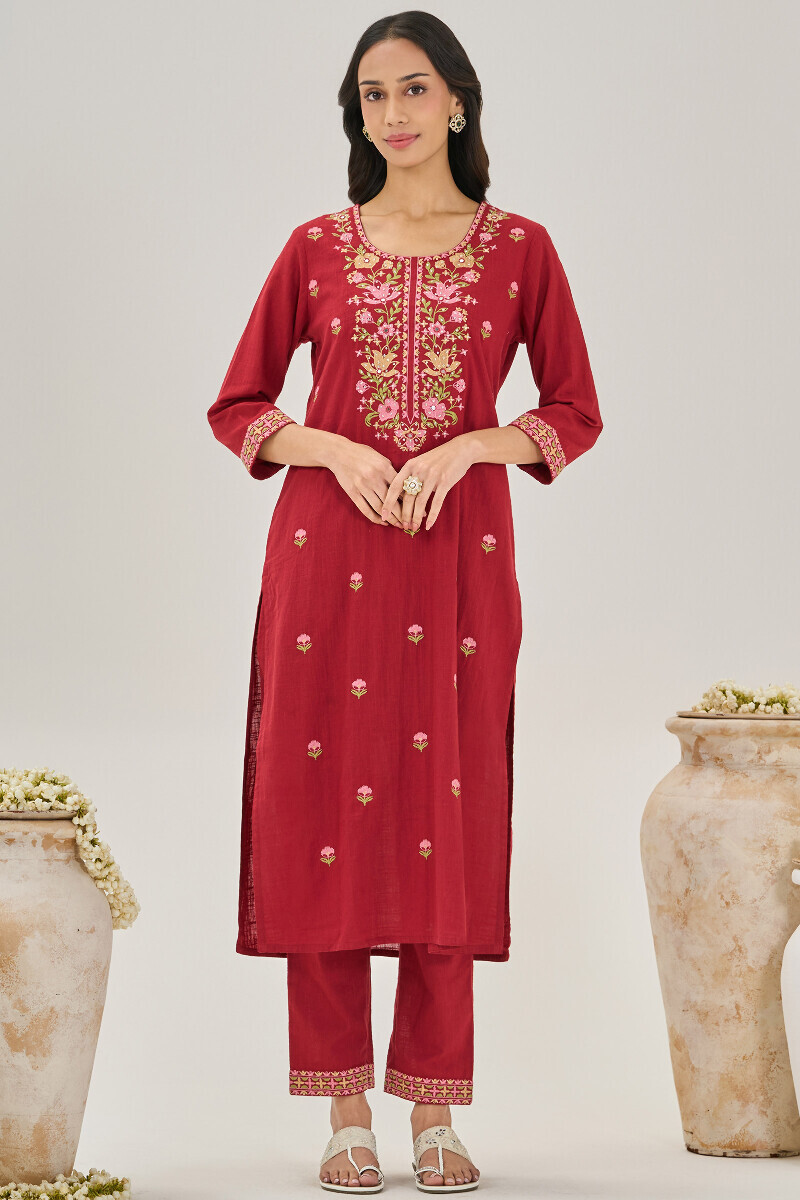 Red Handcrafted Straight Gauze Slub Kurta