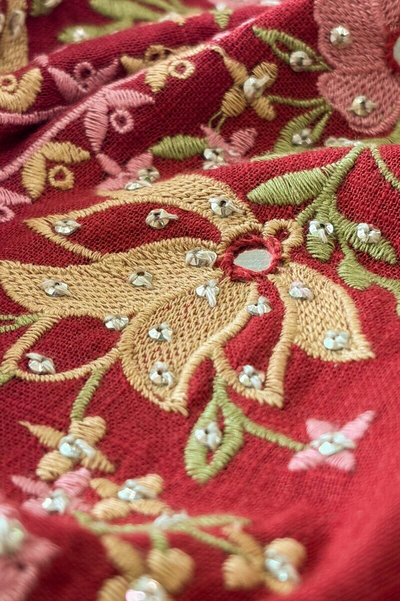 Red Handcrafted Straight Gauze Slub Kurta