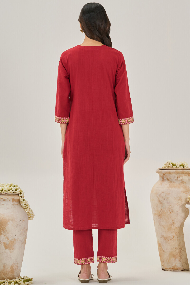 Red Handcrafted Straight Gauze Slub Kurta