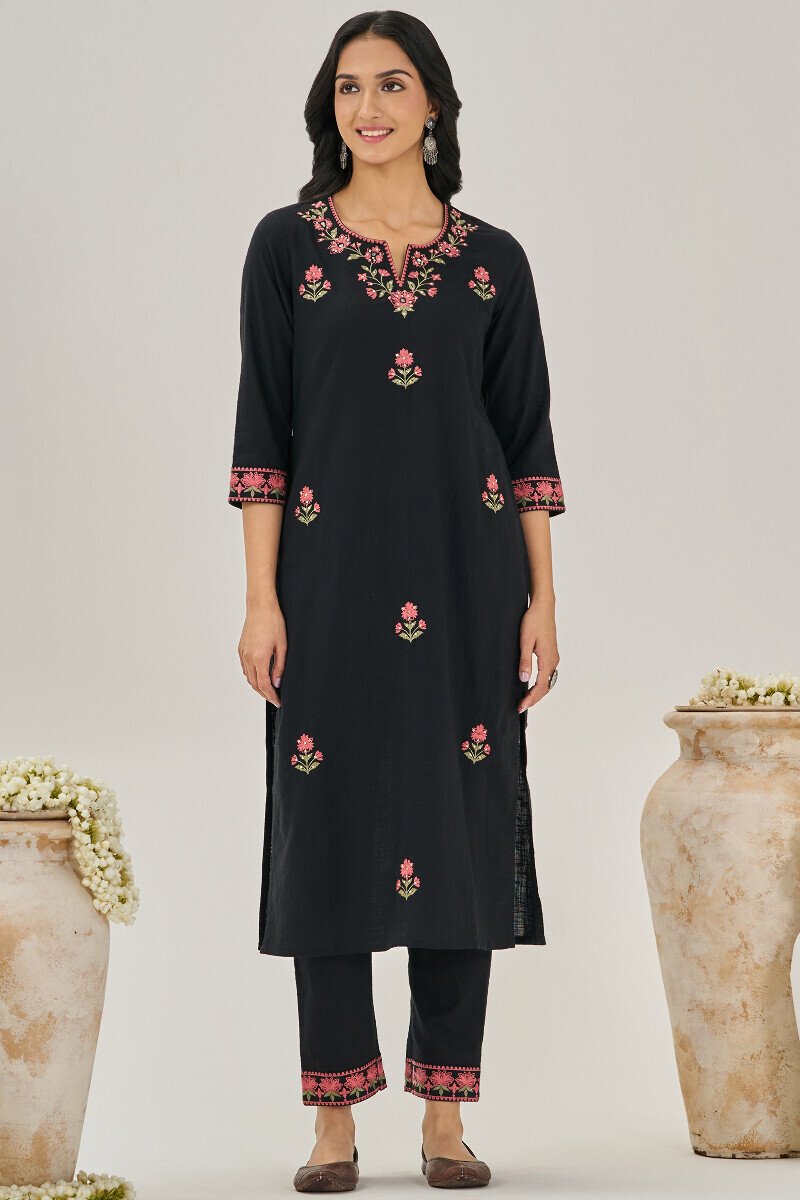 Black Handcrafted Straight Gauze Slub Kurta