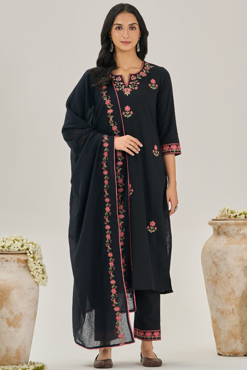Black Handcrafted Straight Gauze Slub Kurta
