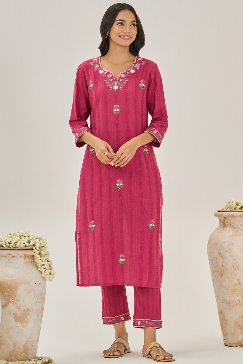 Pink Handcrafted Straight Cotton Dobby Kurta