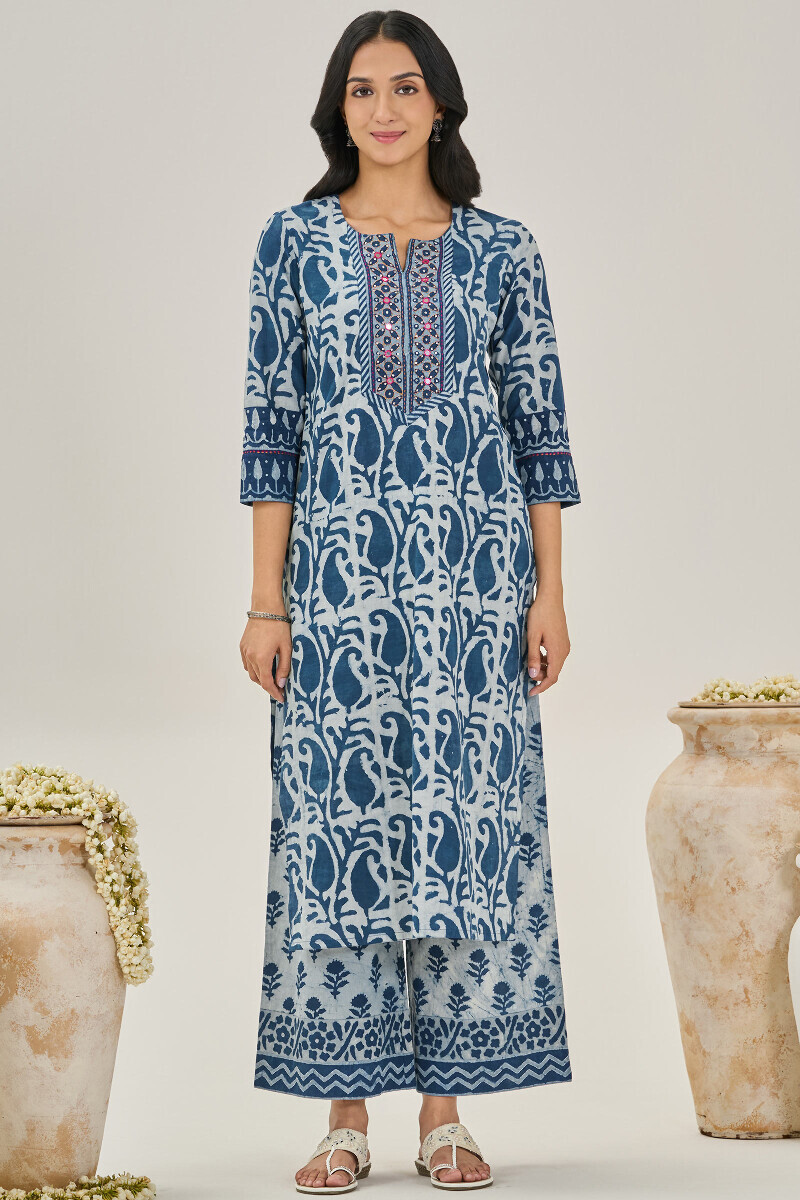 Indigo Hand Block Printed Straight Cotton Kurta