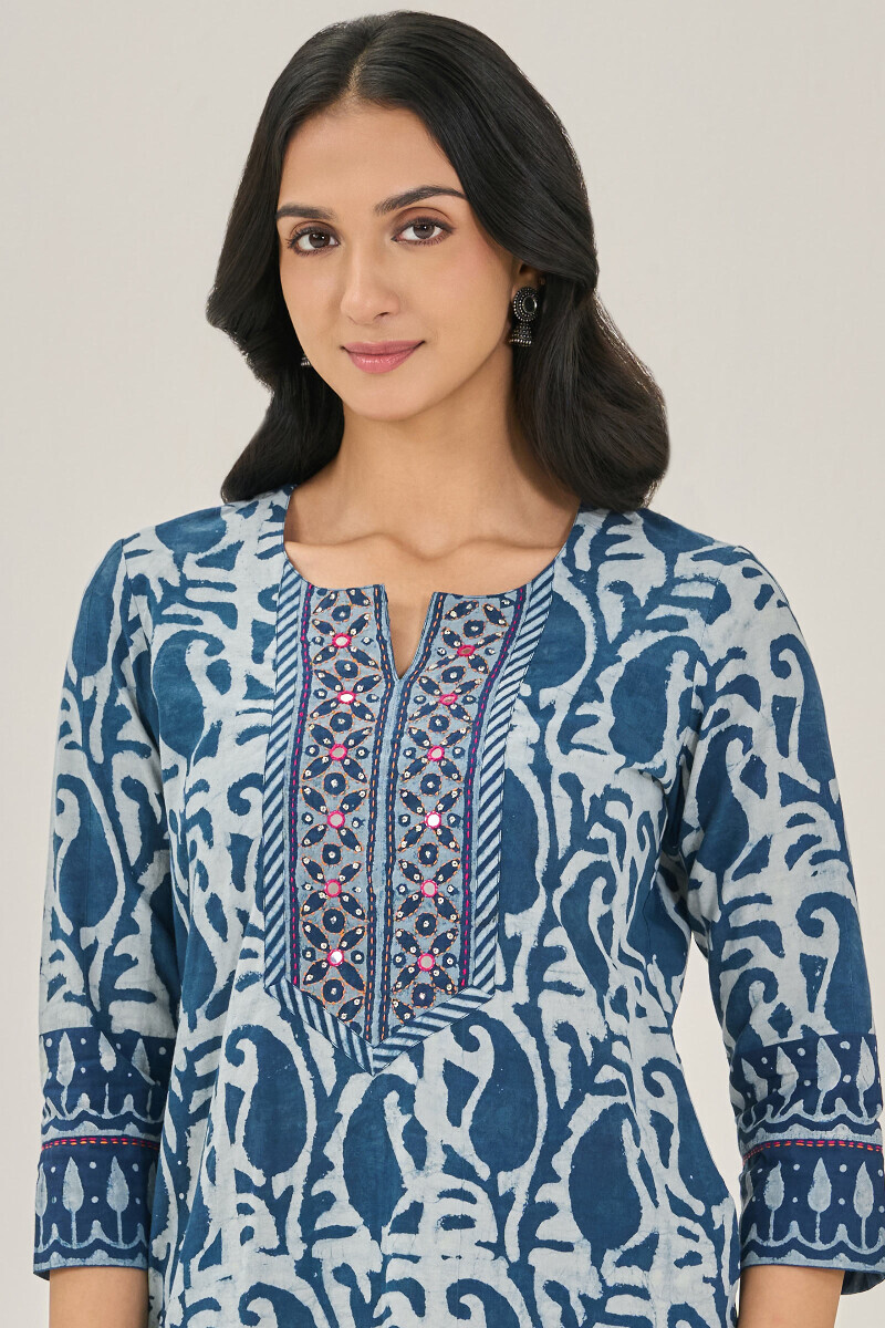 Indigo Hand Block Printed Straight Cotton Kurta