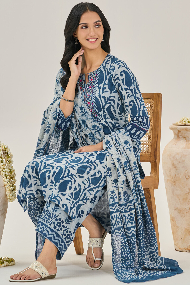Indigo Hand Block Printed Straight Cotton Kurta