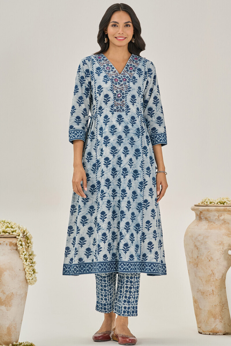 Indigo Hand Block Printed A-Line Cotton Kurta