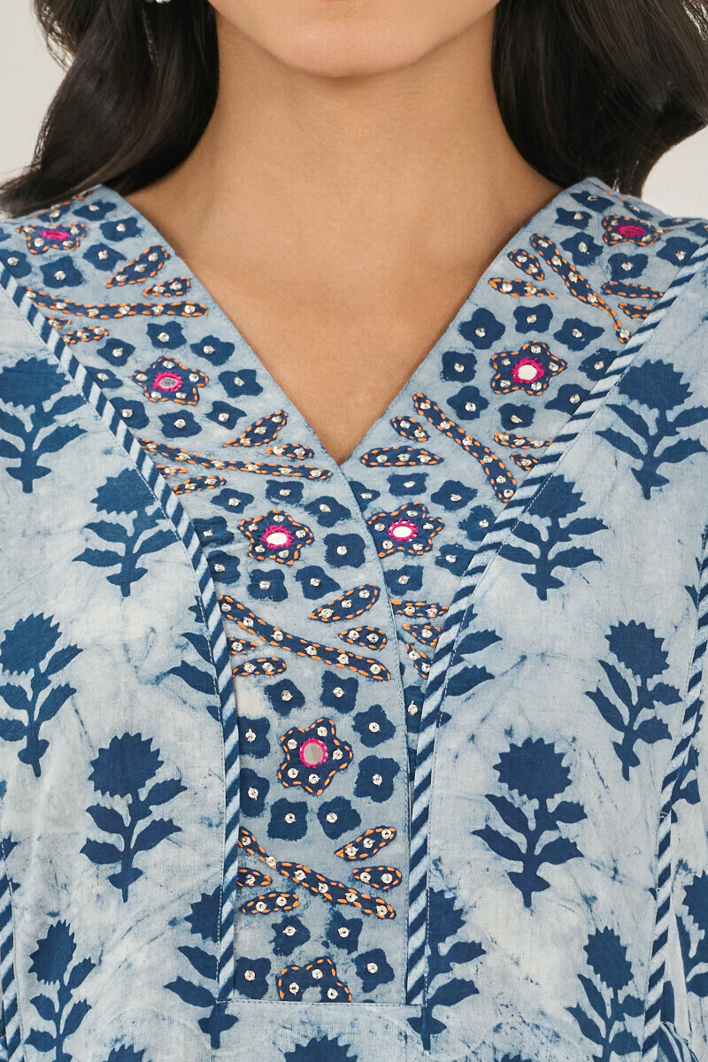 Indigo Hand Block Printed A-Line Cotton Kurta