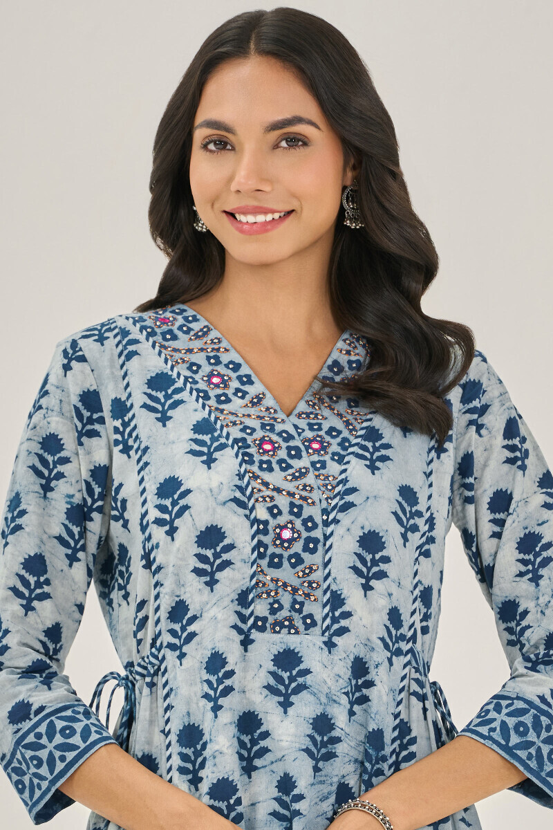Indigo Hand Block Printed A-Line Cotton Kurta