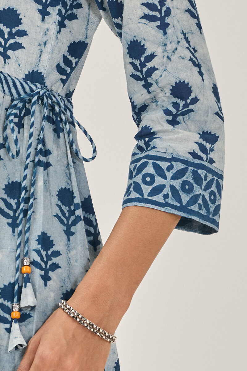 Indigo Hand Block Printed A-Line Cotton Kurta