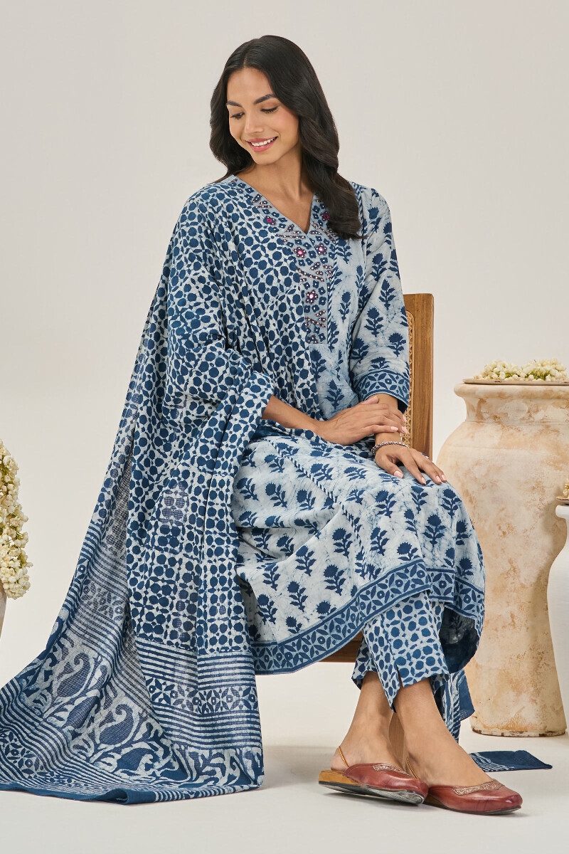 Indigo Hand Block Printed A-Line Cotton Kurta
