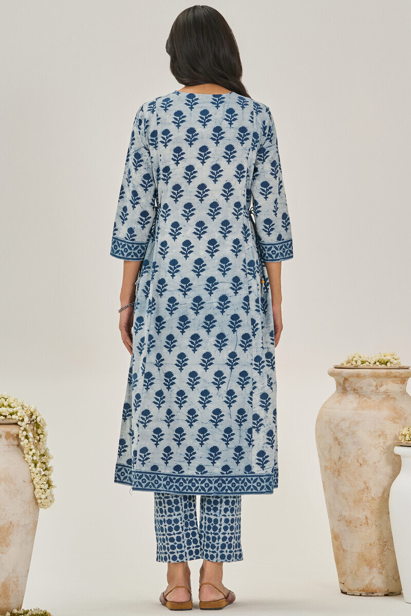 Indigo Hand Block Printed A-Line Cotton Kurta