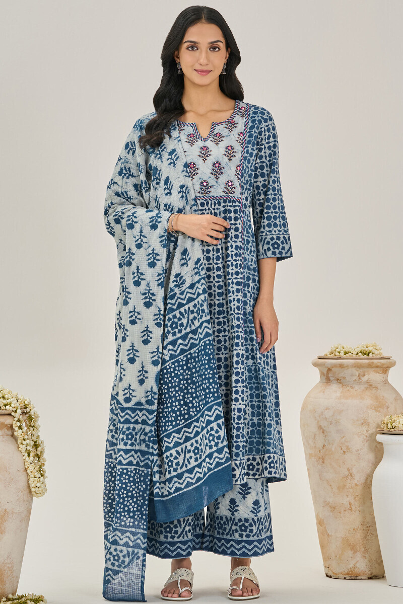Indigo Hand Block Printed A-Line Cotton Kurta