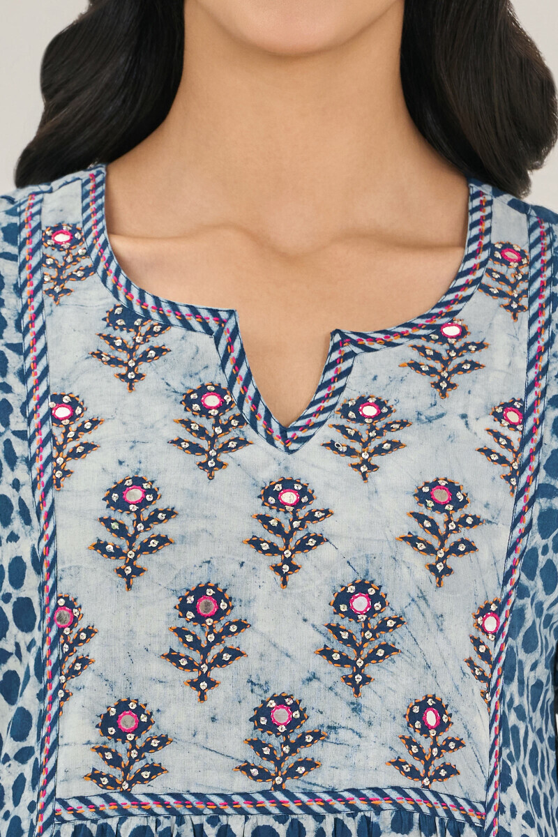 Indigo Hand Block Printed A-Line Cotton Kurta