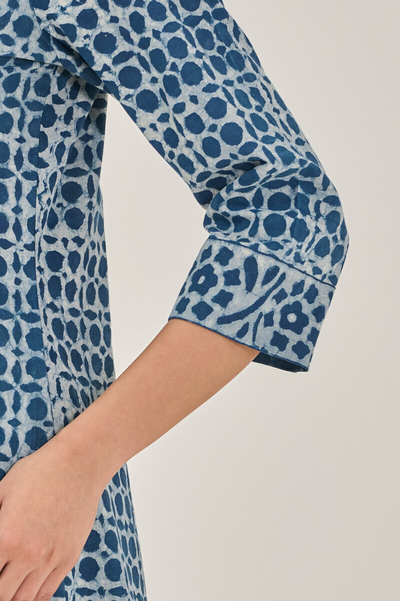 Indigo Hand Block Printed A-Line Cotton Kurta