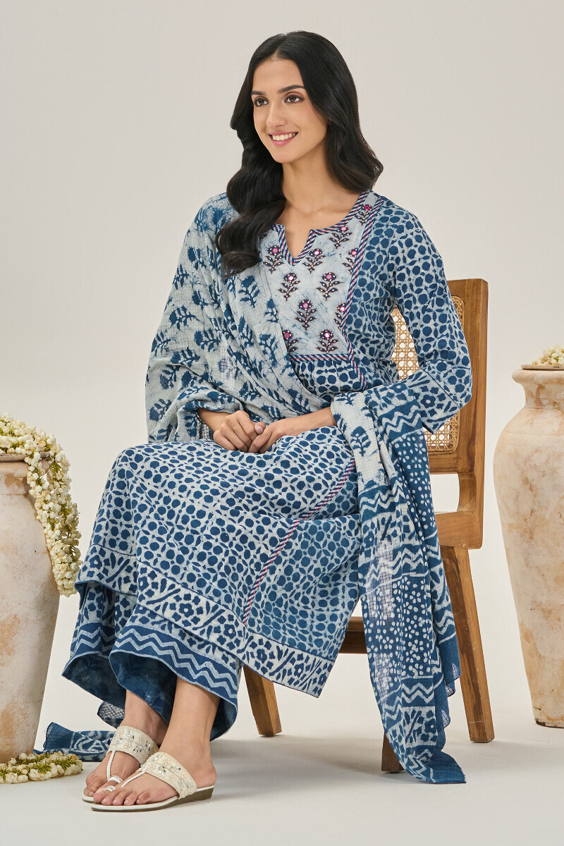 Indigo Hand Block Printed A-Line Cotton Kurta
