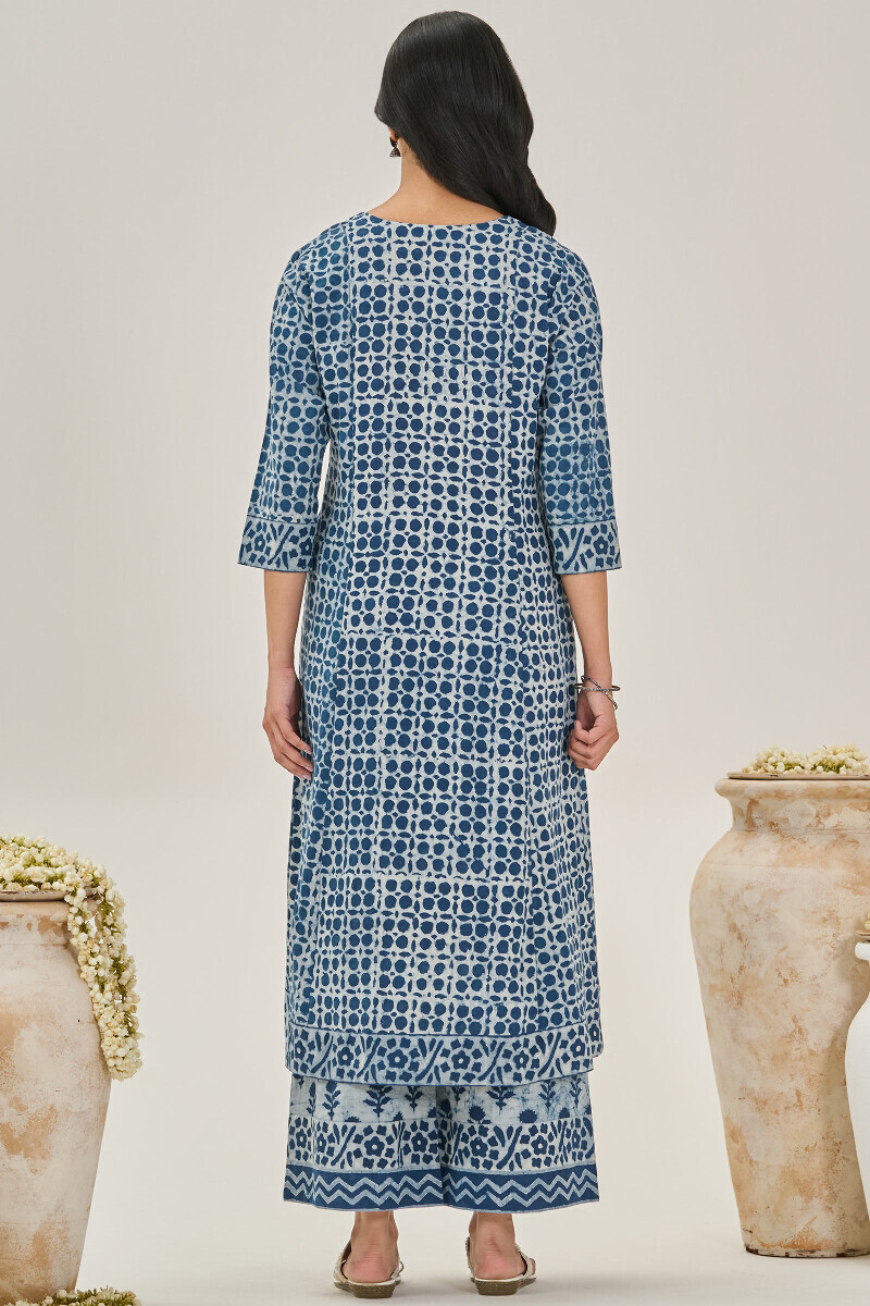 Indigo Hand Block Printed A-Line Cotton Kurta