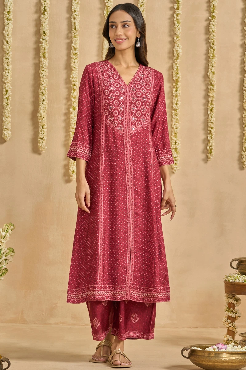 Maroon Printed A-Line Viscose Kurta