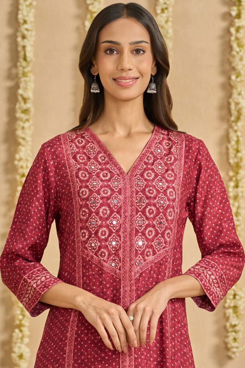 Maroon Printed A-Line Viscose Kurta