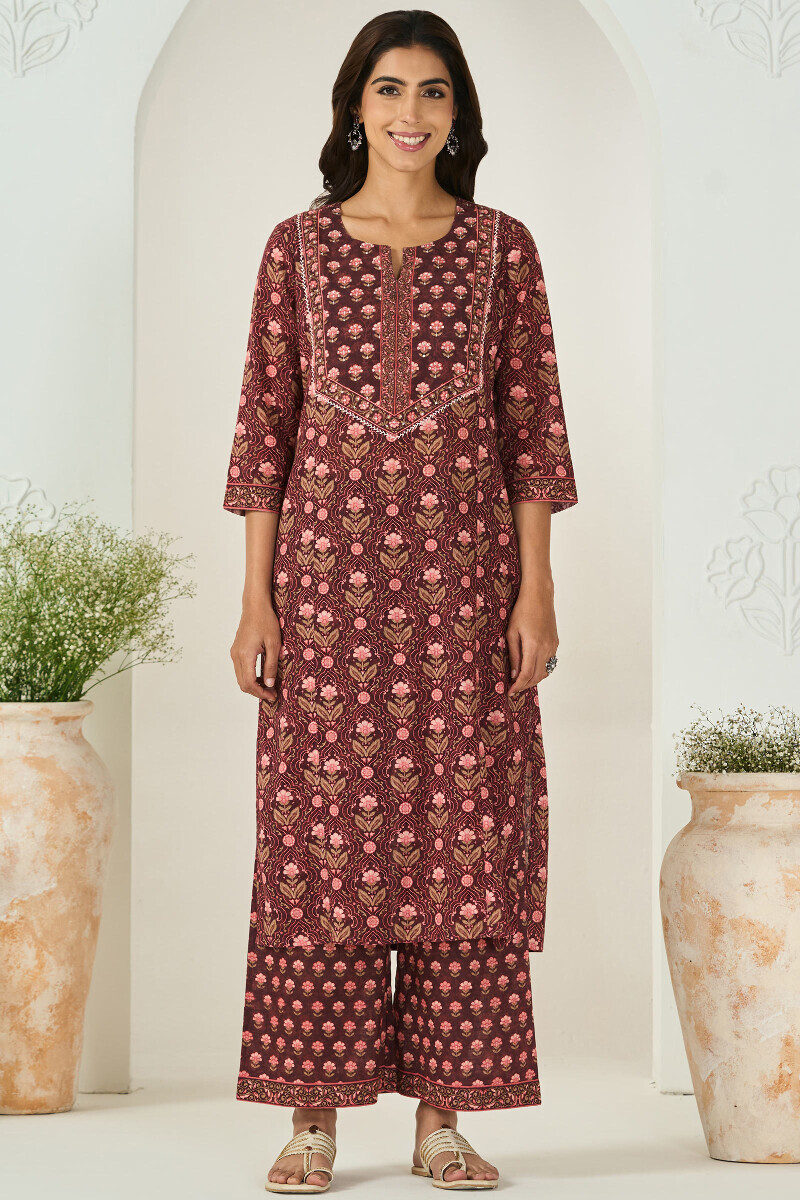 Brown Printed Straight Cotton Slub Kurta