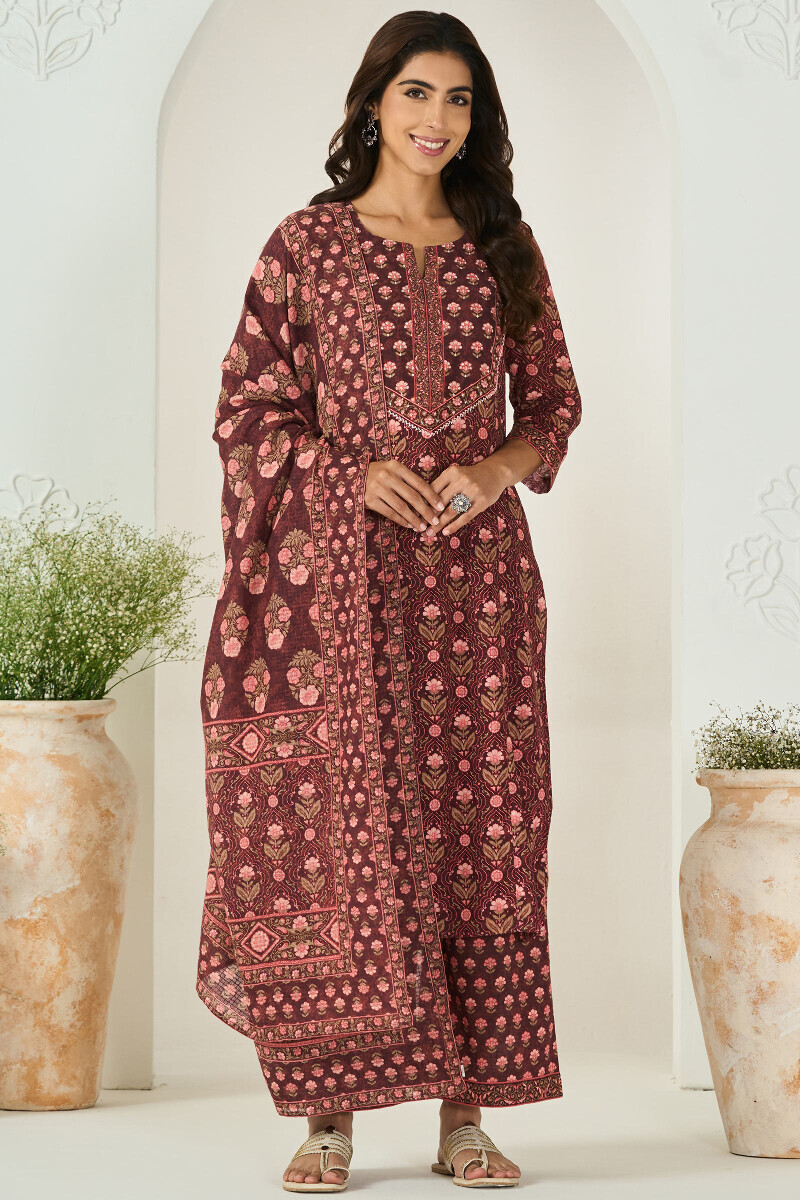 Brown Printed Straight Cotton Slub Kurta