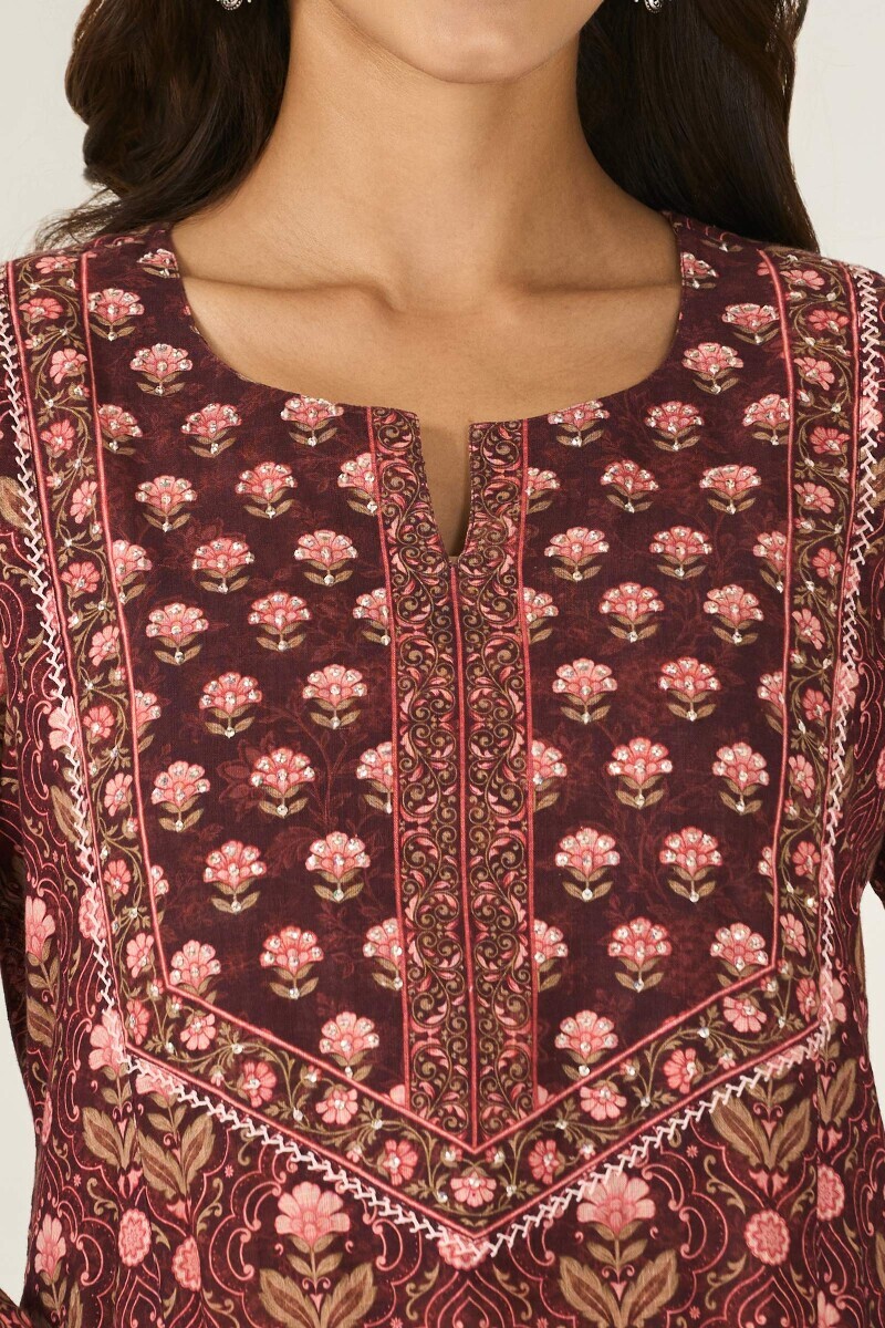 Brown Printed Straight Cotton Slub Kurta