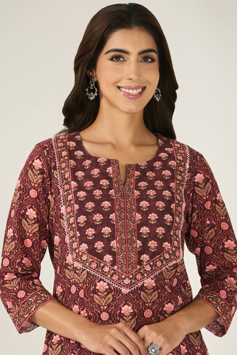 Brown Printed Straight Cotton Slub Kurta