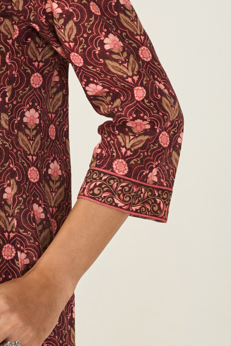 Brown Printed Straight Cotton Slub Kurta