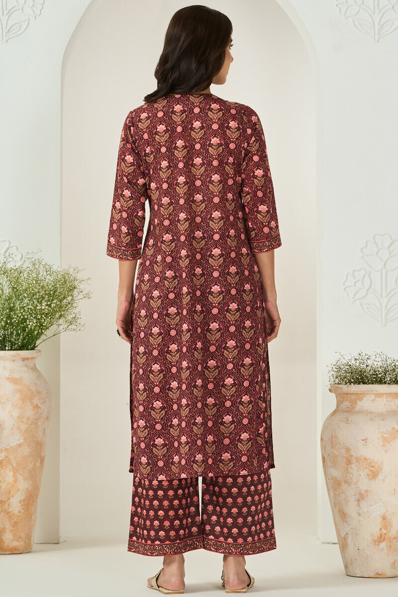 Brown Printed Straight Cotton Slub Kurta