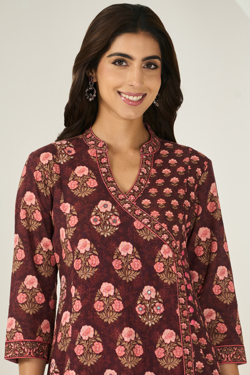 Brown Printed Angrakha Cotton Slub Kurta