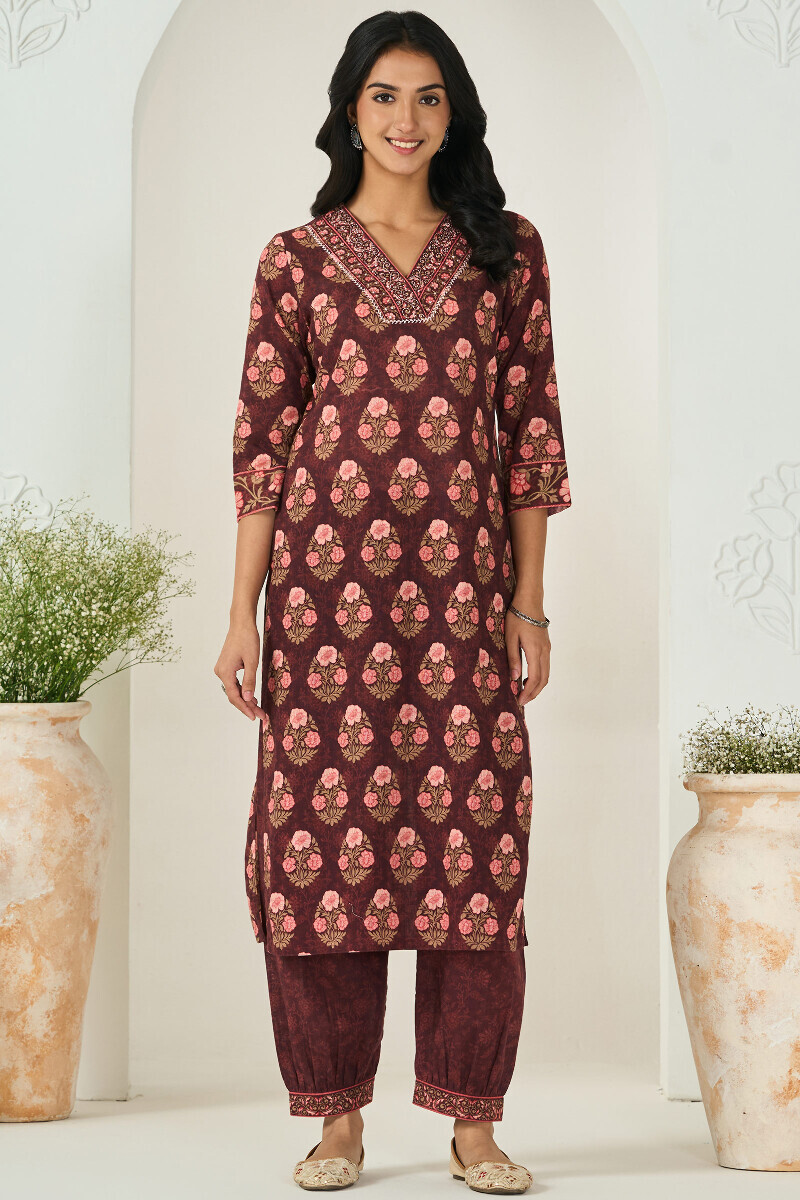 Brown Printed Straight Cotton Slub Kurta