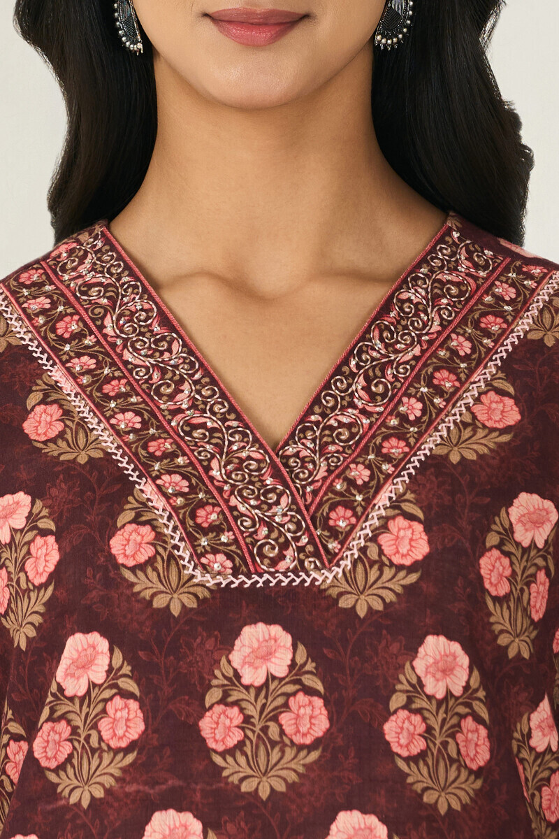 Brown Printed Straight Cotton Slub Kurta