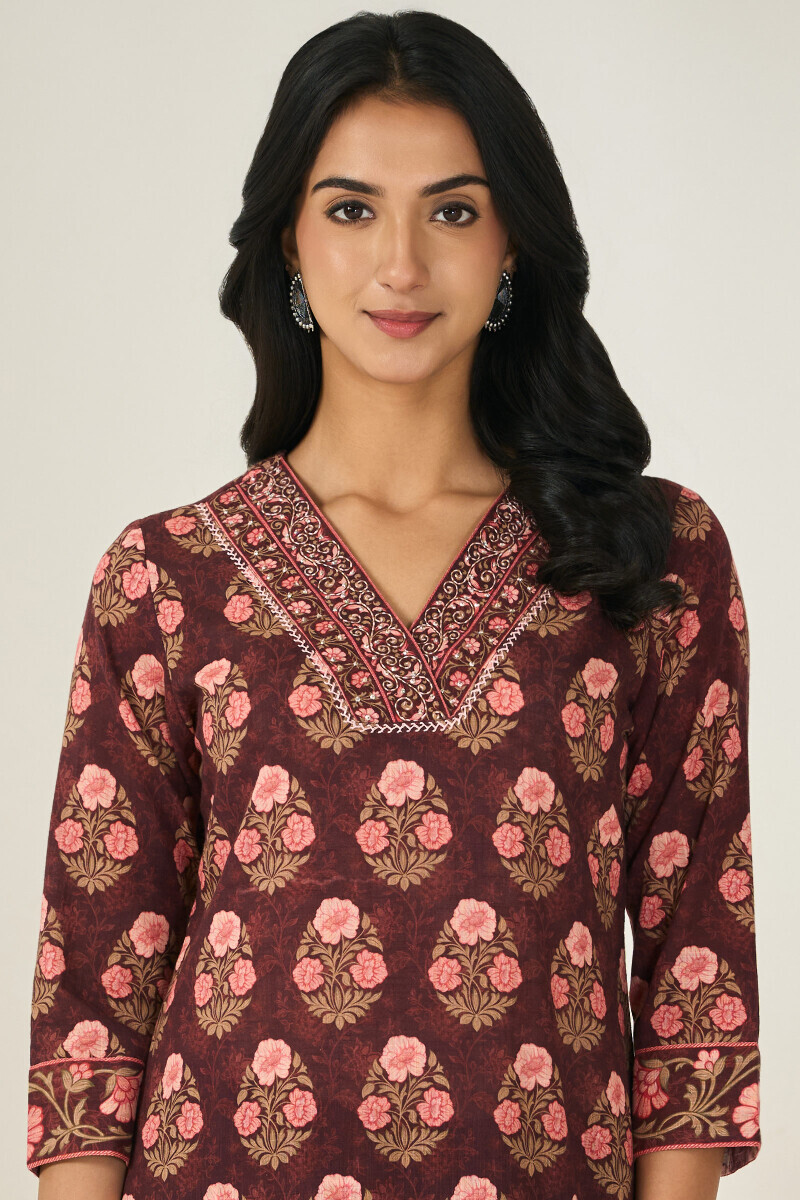 Brown Printed Straight Cotton Slub Kurta