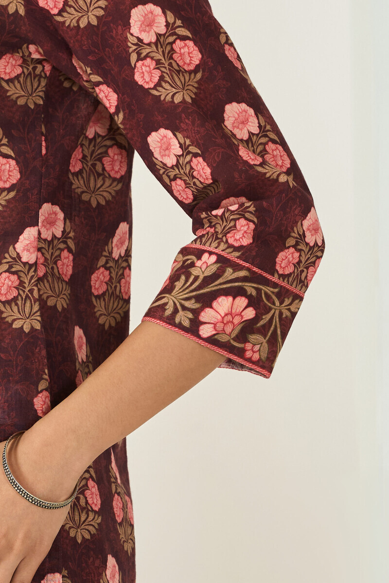 Brown Printed Straight Cotton Slub Kurta