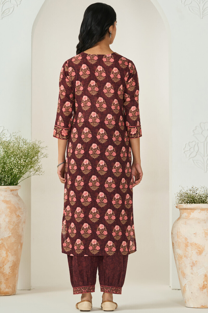 Brown Printed Straight Cotton Slub Kurta