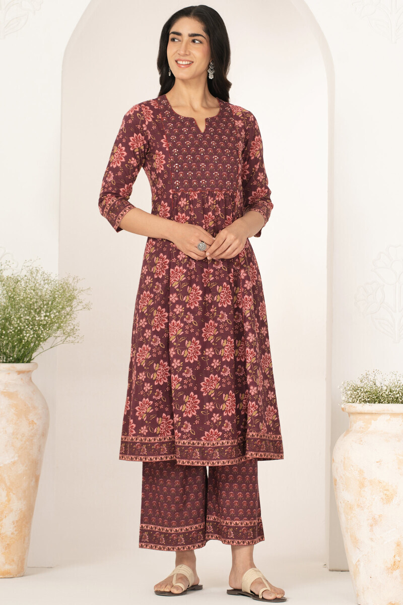 Purple Hand Printed A-Line Cotton Slub Kurta