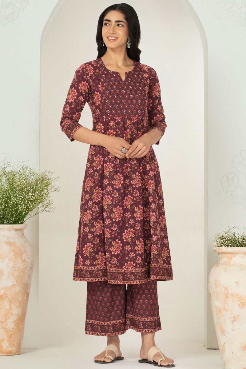 Purple Hand Printed A-Line Cotton Slub Kurta