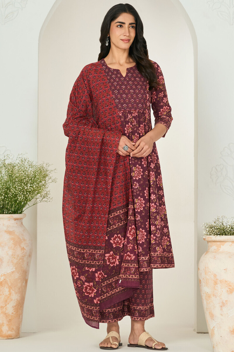 Purple Hand Printed A-Line Cotton Slub Kurta