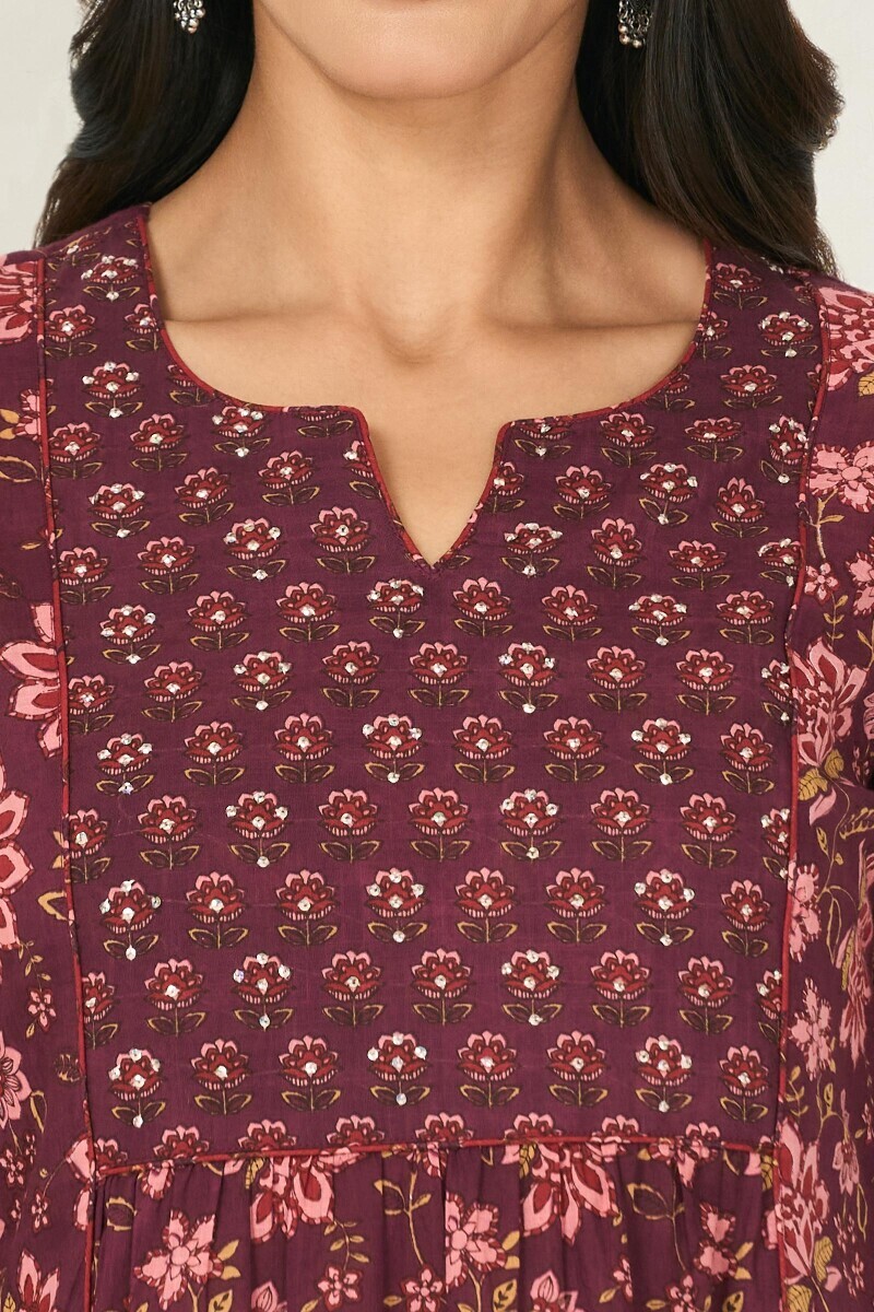 Purple Hand Printed A-Line Cotton Slub Kurta