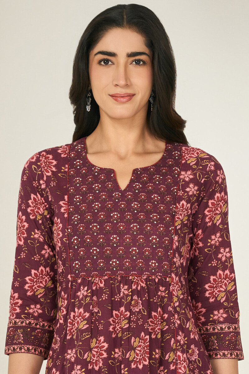 Purple Hand Printed A-Line Cotton Slub Kurta