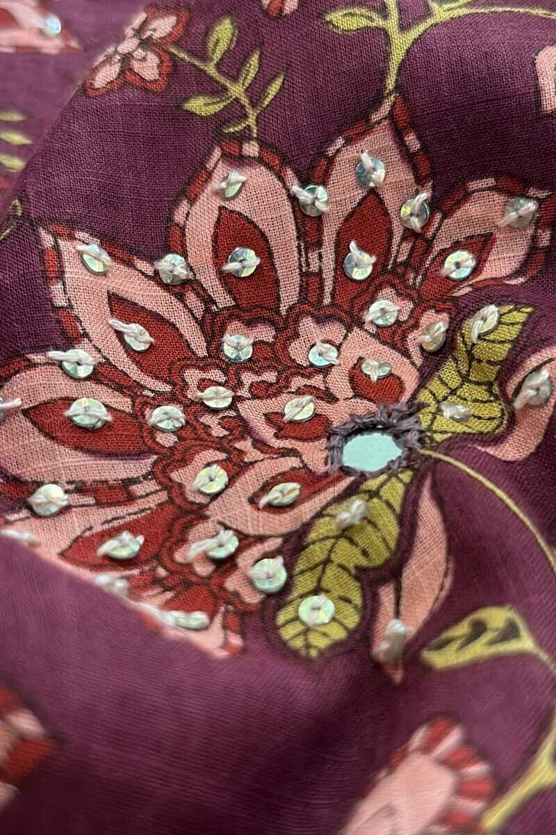 Purple Hand Printed Angrakha Cotton Slub Kurta