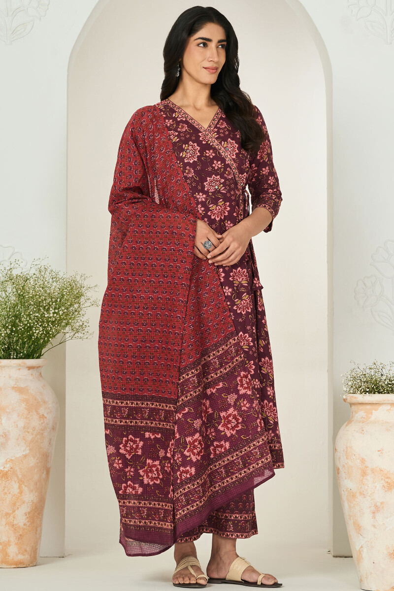 Purple Hand Printed Angrakha Cotton Slub Kurta